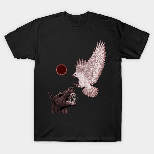 Black dog Vs White hawk (red version) T-Shirt by PCMdesigner